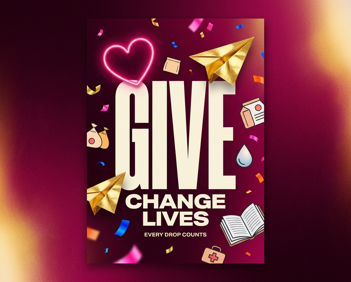Bold youth donation poster reading GIVE — CHANGE LIVES surrounded by a neon heart, golden paper plane, food parcel, water drop, book and medical kit on a deep magenta background