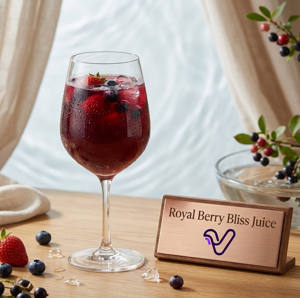 Royal Berry Bliss Juice in an elegant wine glass with strawberries and blueberries on a sunlit wooden table with sheer curtains in the background