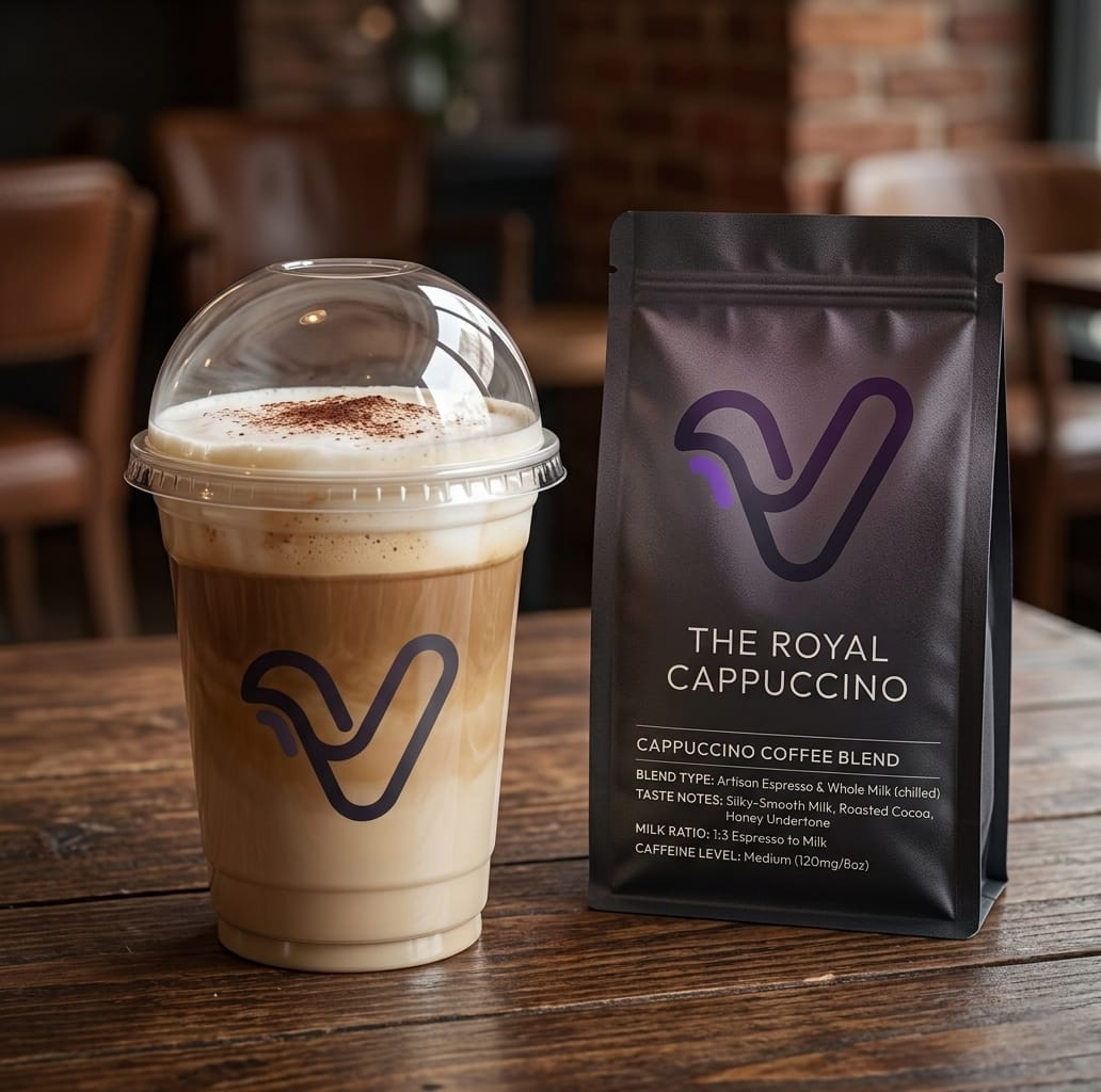 The Royal Cappuccino iced cup with cocoa-dusted foam beside a matte black cappuccino blend pouch on a wooden cafe table