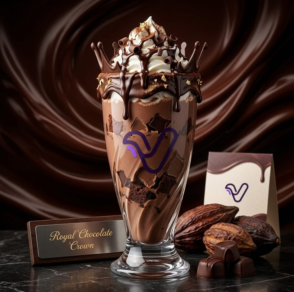 Royal Chocolate Crown thick milkshake with chocolate crown rim, brownie chunks, whipped cream and gold flakes beside cocoa pods on dark marble