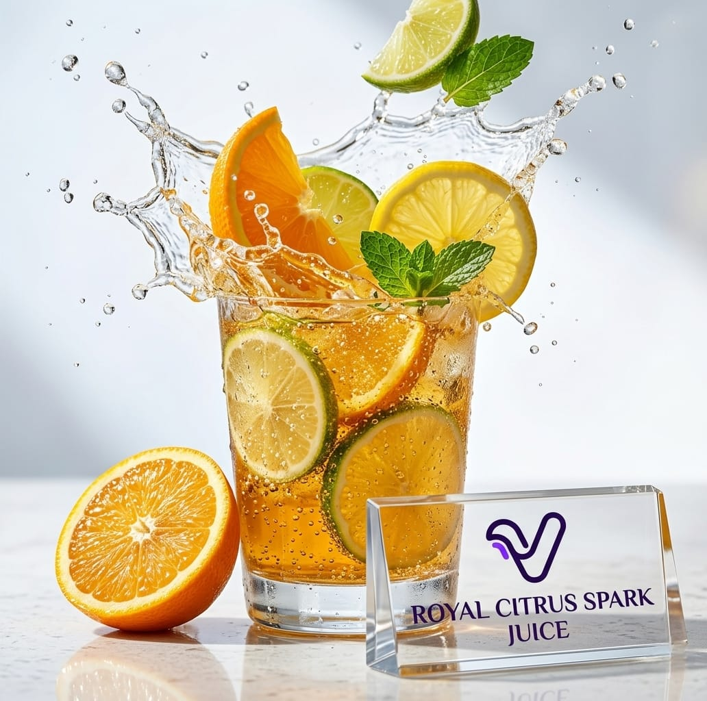 Royal Citrus Spark Juice in a tall glass with orange, lemon, and lime slices, fresh mint, and a dynamic water splash on a bright marble surface