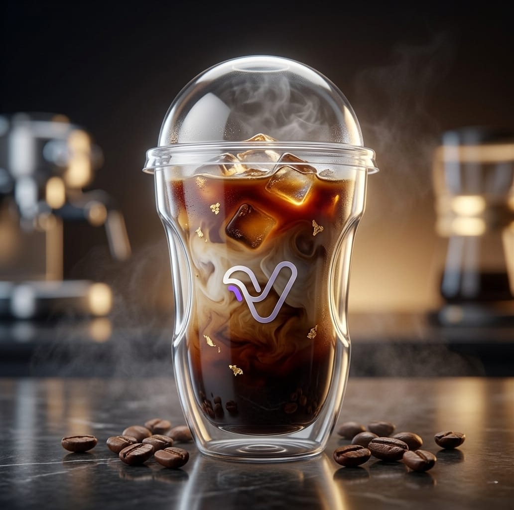 Royal Coffee signature iced espresso in a clear dome-lid cup with milk swirl, caramel infusion and coffee ice cubes on a dark cafe counter