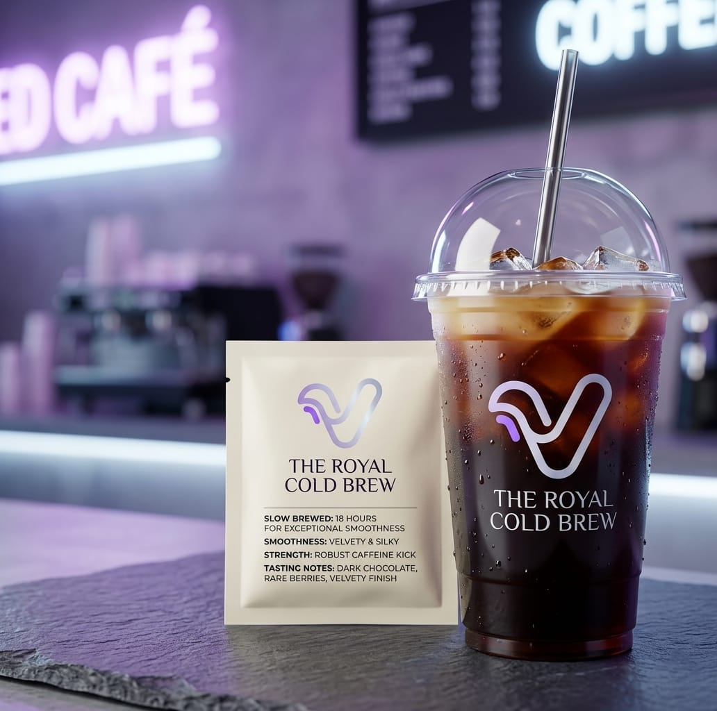 The Royal Cold Brew iced cup with a steel straw beside a cream-colored cold brew sachet on dark slate, neon café lights in the background