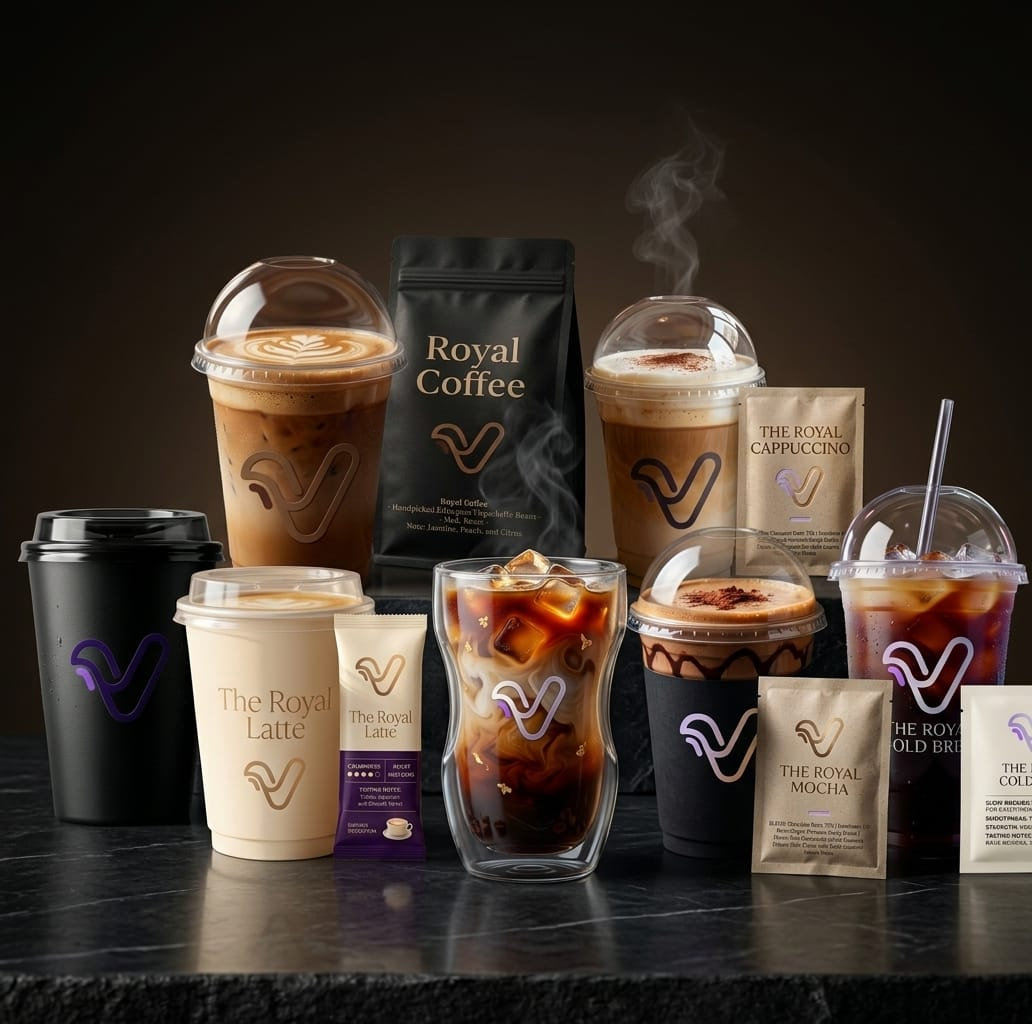 The complete Royalty beverage collection — Royal Coffee, Latte, Cappuccino, Mocha, Cold Brew and more arranged on a marble counter