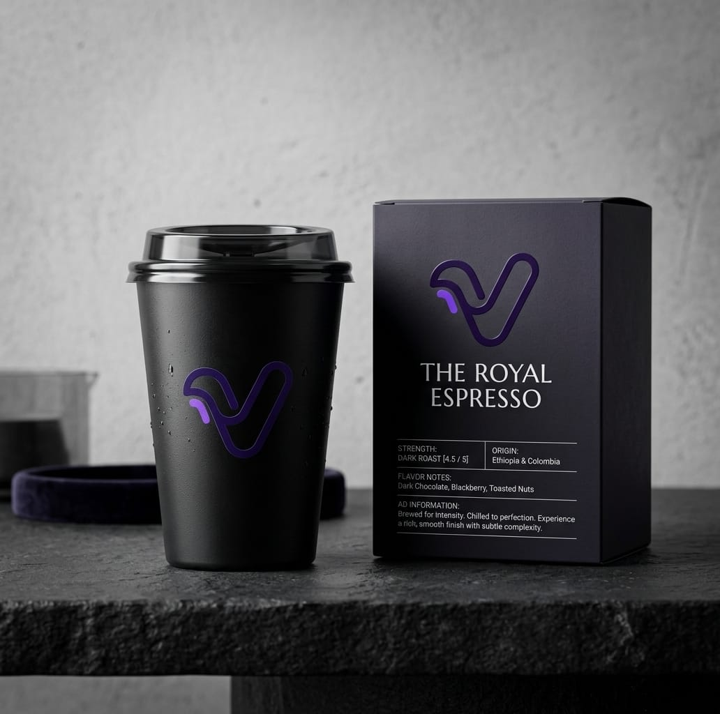 The Royal Espresso matte black cup beside a deep purple branded box on a dark stone counter