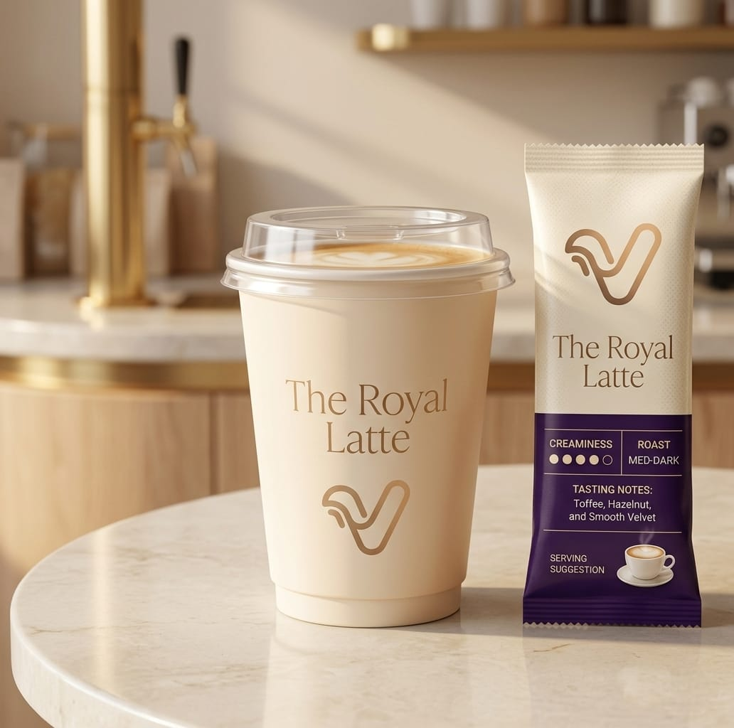 The Royal Latte cup with creamy latte art beside a cream and royal-purple single-serve sachet on a marble counter
