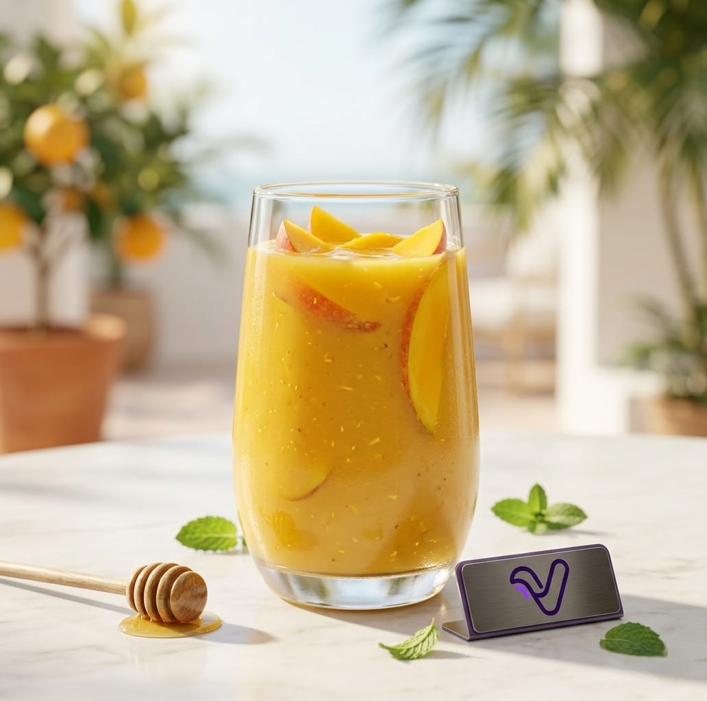 Royal Mango Fusion Juice in a tall glass with fresh mango slices and mint on a marble table, sun-drenched citrus garden in the background