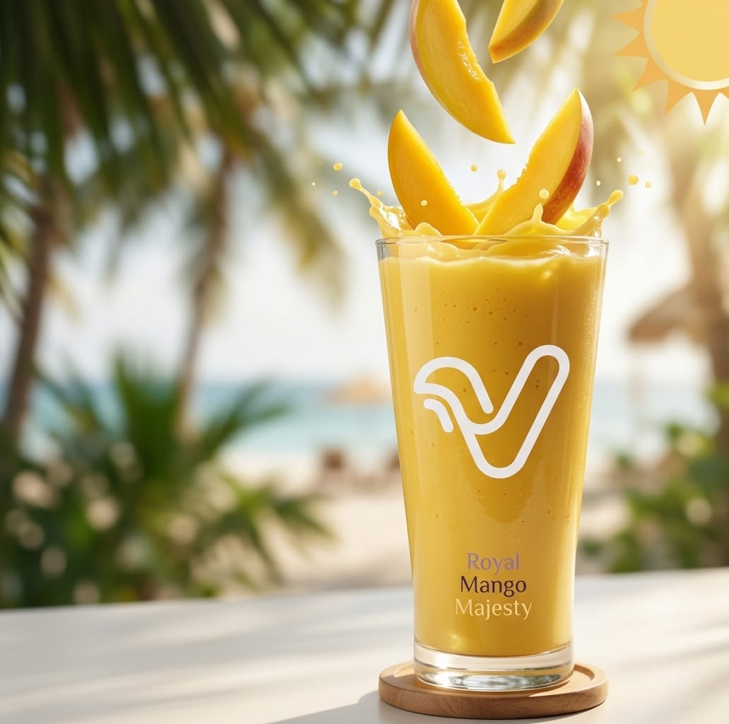Royal Mango Majesty smoothie in a tall glass with fresh mango slices splashing in, set against a sunny tropical beach