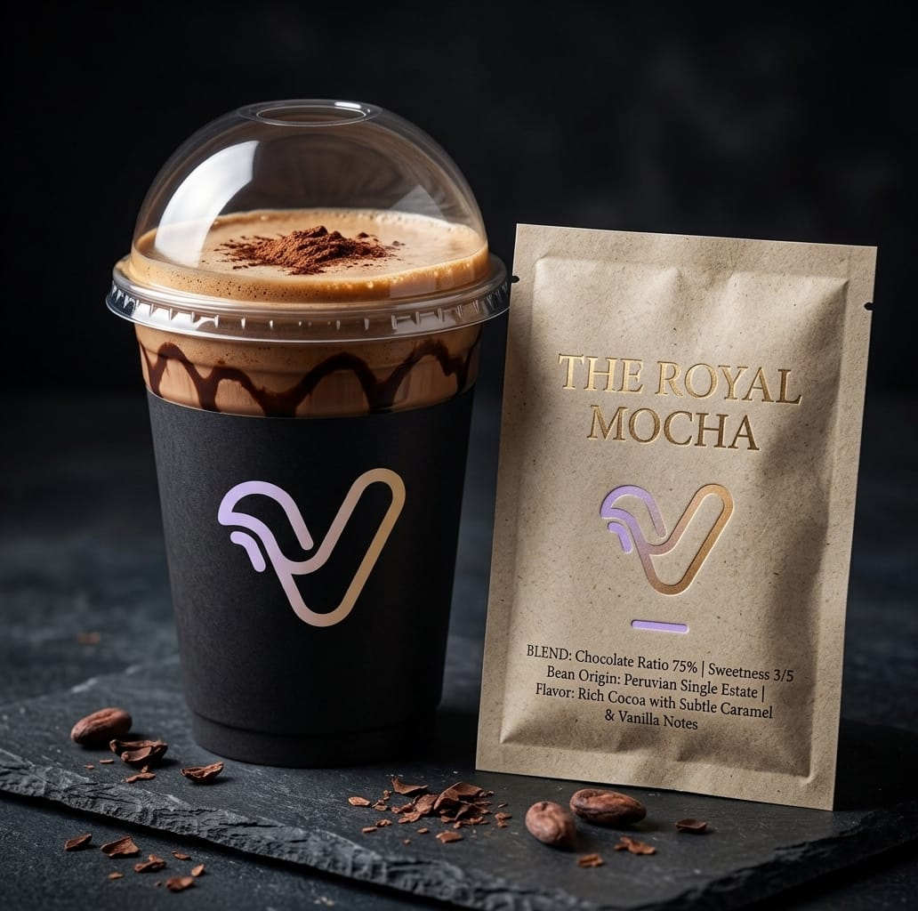 The Royal Mocha cup with chocolate drizzle and cocoa-dusted foam beside a kraft paper sachet on dark slate with cocoa beans