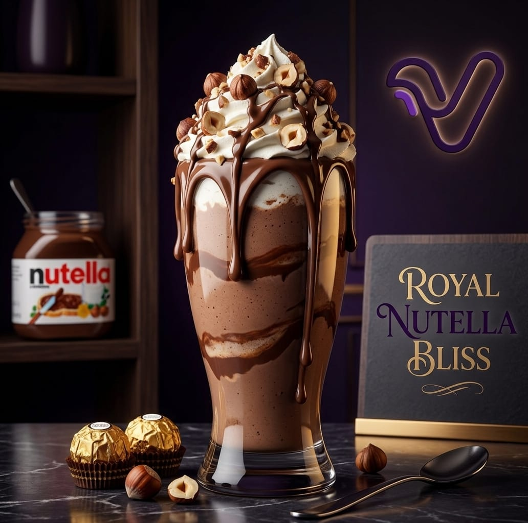 Royal Nutella Bliss tall glass milkshake with chocolate drip, whipped cream, and chopped hazelnuts beside a Nutella jar and gold-wrapped chocolates on dark marble