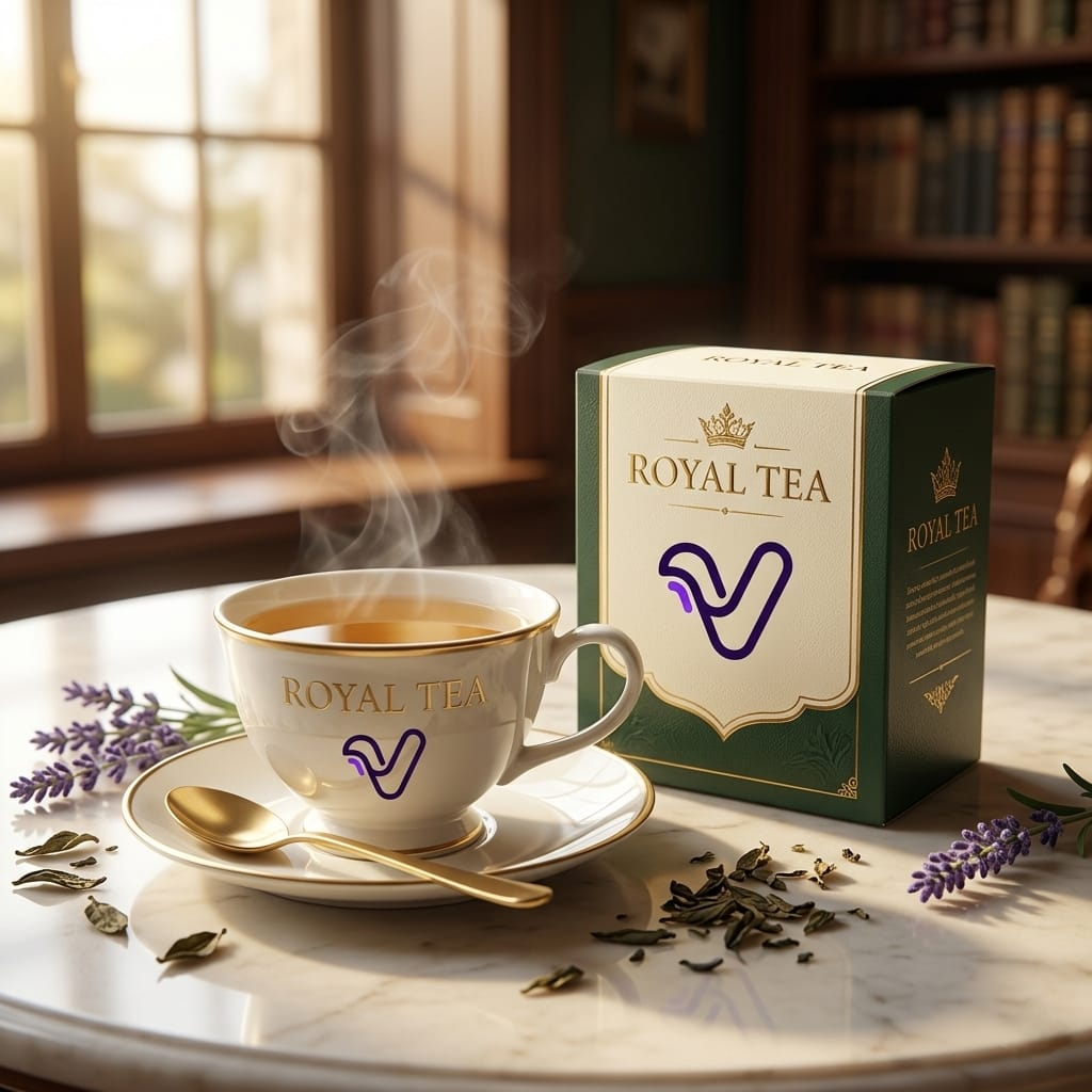 Royal Tea porcelain cup with golden spoon and cream-and-green premium tea box on a marble table, lavender sprigs and loose leaves around