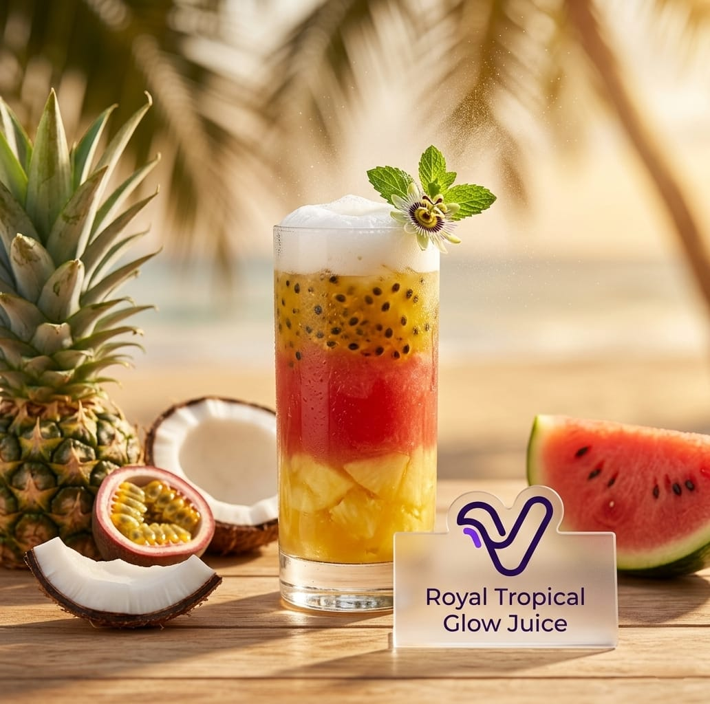 Royal Tropical Glow Juice in a tall glass with layered pineapple, watermelon, and passion fruit topped with coconut foam and mint, on a sunlit wooden beach table