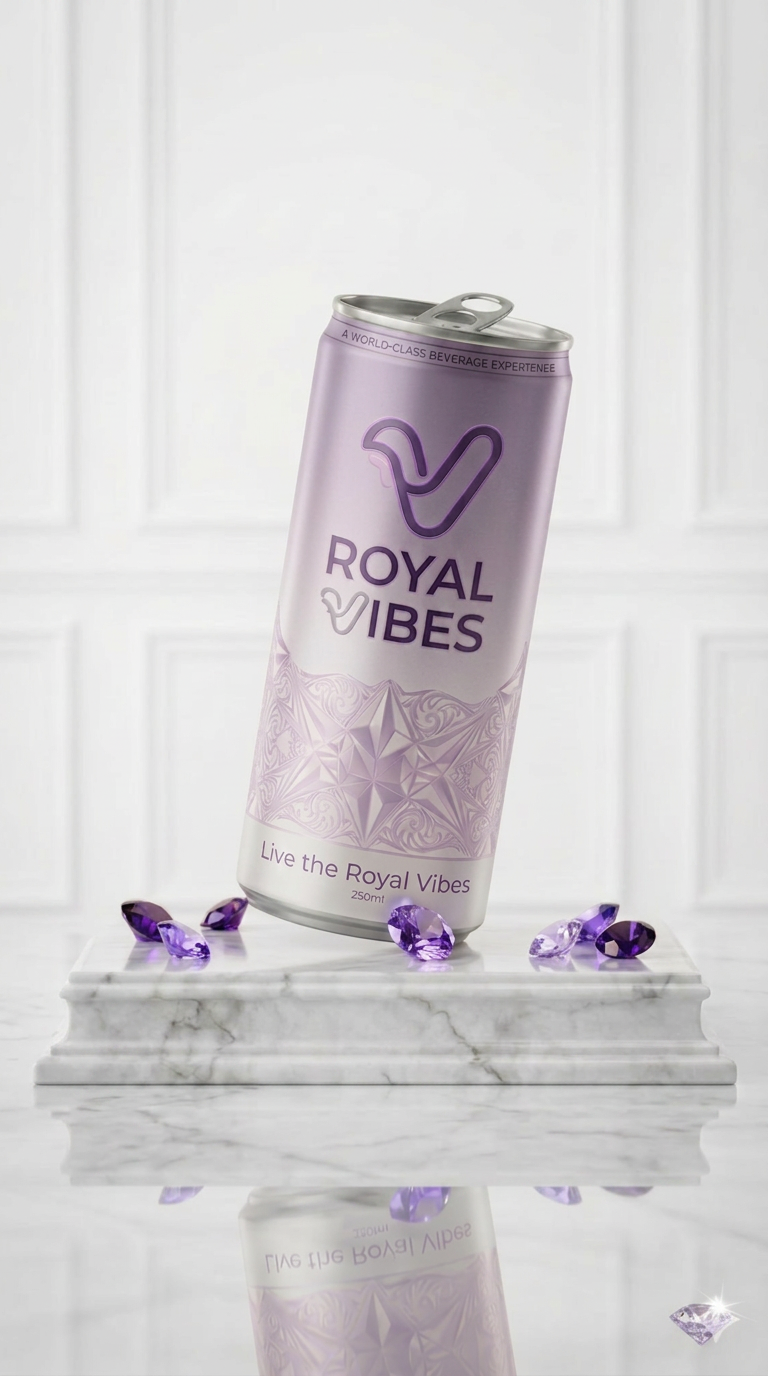 Royal Vibes Electrolyte light violet can with Royal Vibes Zero Sugar can on bright royal background