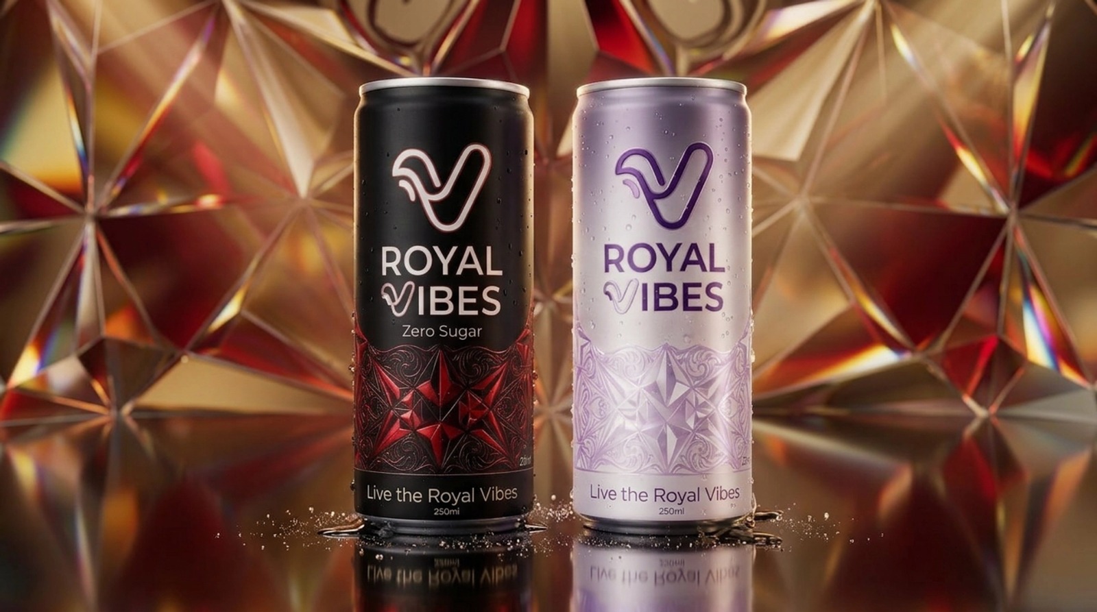 Royal Vibes Zero Sugar and Electrolyte cans standing on a premium royal crystal background
