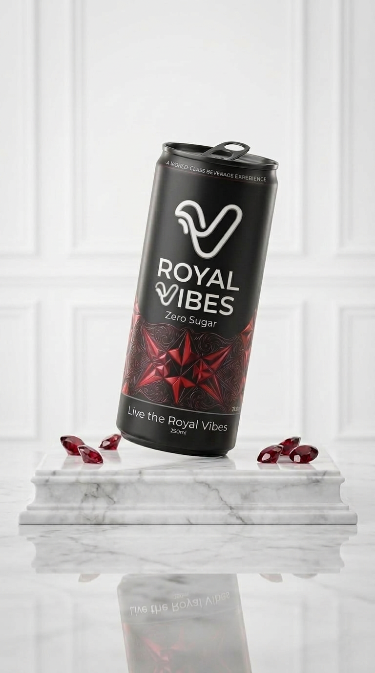 Royal Vibes Zero Sugar black can beside Royal Vibes Electrolyte light violet can