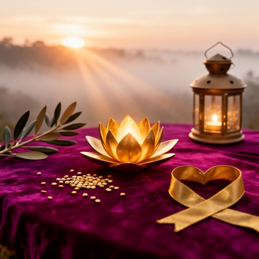 Symbolic still-life of a glowing golden lotus, olive branch, and lantern at sunrise representing humanitarian hope